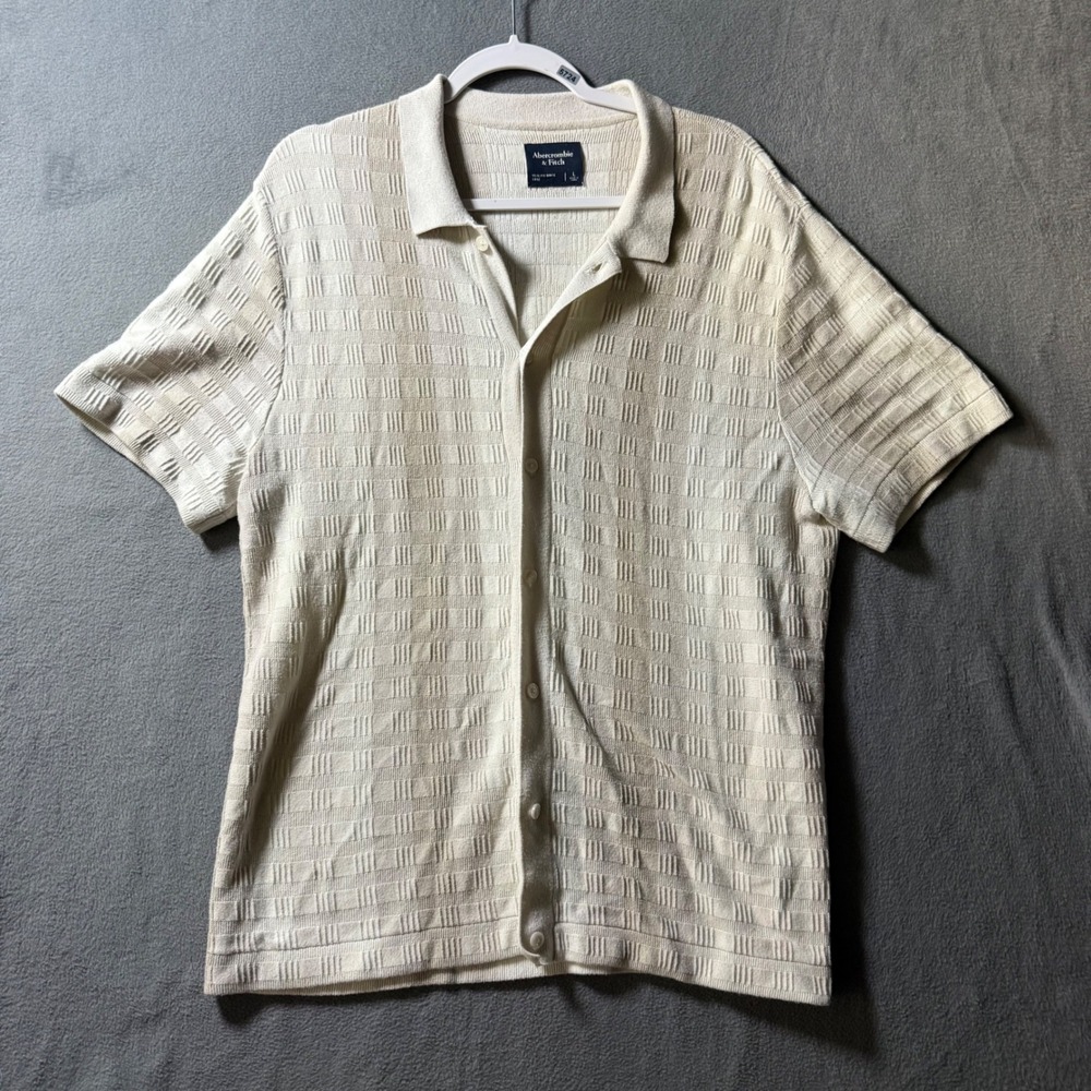 Abercrombie & Fitch Mens Cream Textured Grid Knit Button Up Polo Shirt Large
